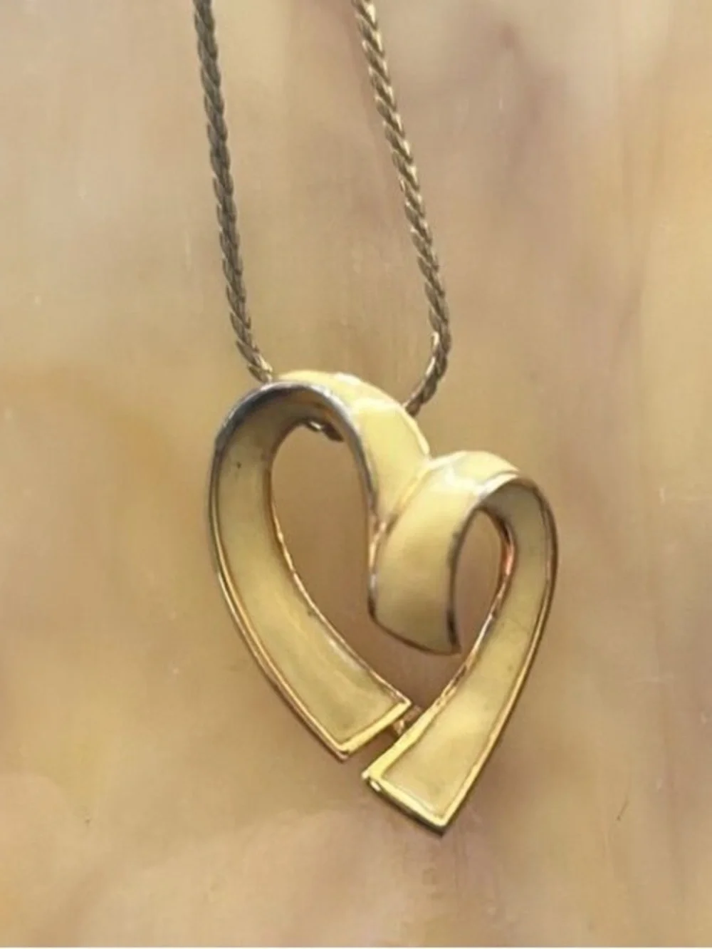 Sliding Open Heart Pendant Necklace Yellow Enamel Gold Tone Vintage 1968 MONET